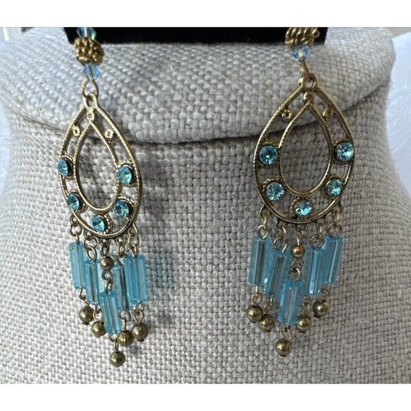 Nordstrom Sequin Pale Gold & Blue Beads Tassel Dangle Drop Earrings Teardrop NEW - Picture 7 of 10